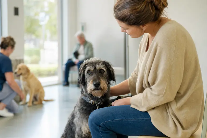 Ein Löwenhund sitzt entspannt im Wartezimmer einer modernen Tierarztpraxis neben seinem Besitzer.